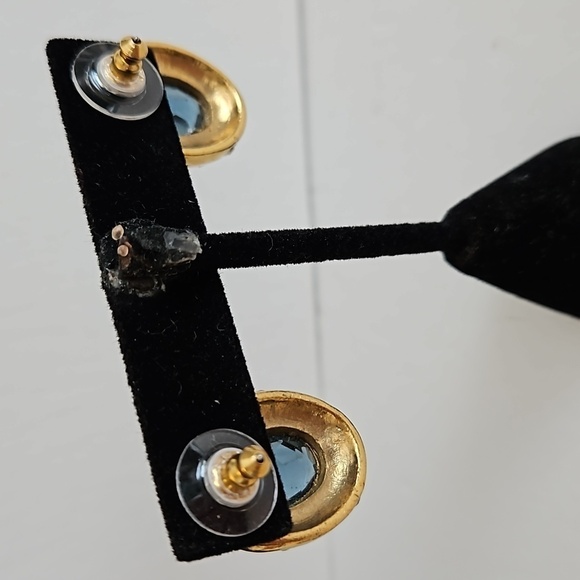 GOLDTONE Blue & Clear Rhinestones Pierced Earrings - Picture 6 of 6